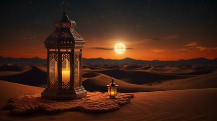Arabia sahara lantern and moon setup for greeting ramadan or eid mubarak cards 