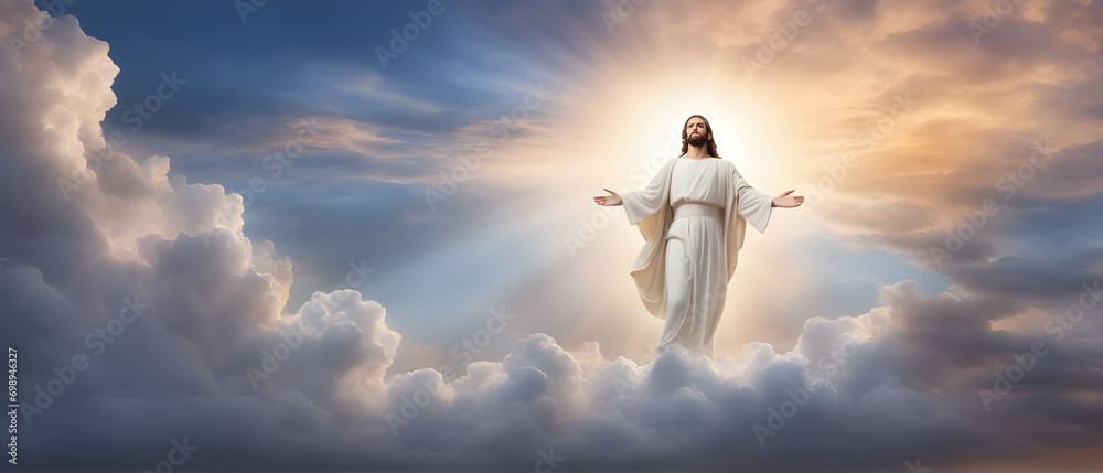 Wall mural The resurrected Jesus Christ ascending to heaven above the bright light sky and clouds and God, Heaven and Second Coming concept