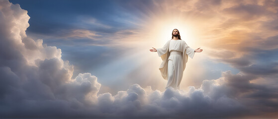 The resurrected Jesus Christ ascending to heaven above the bright light sky and clouds and God,...