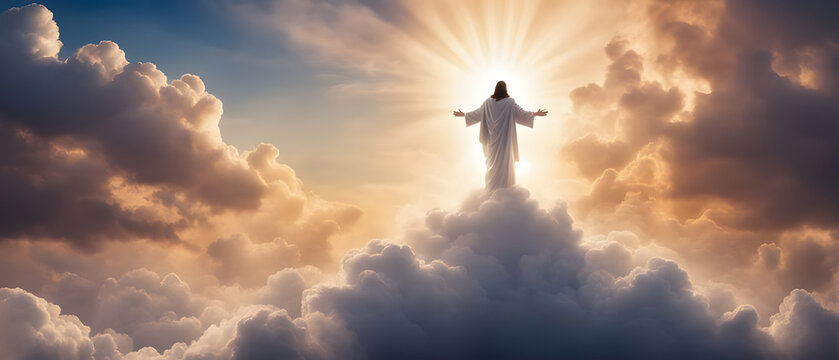 The resurrected Jesus Christ ascending to heaven above the bright light sky and clouds and God, Heaven and Second Coming concept