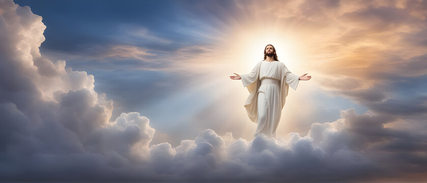 The resurrected Jesus Christ ascending to heaven above the bright light sky and clouds and God, Heaven and Second Coming concept