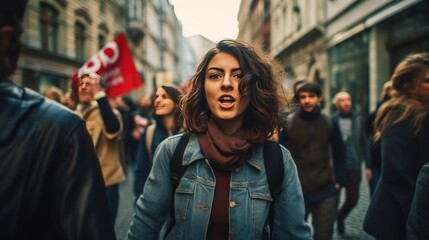 A group of activists protested on the streets of the city. - obrazy, fototapety, plakaty