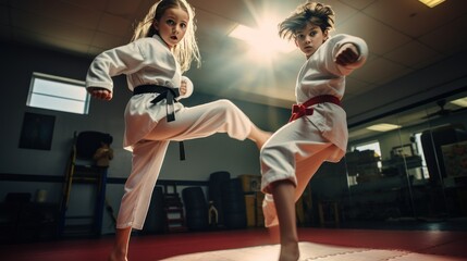 Taekwondo girl kicking The young man grabbed the target and kicked it. - obrazy, fototapety, plakaty