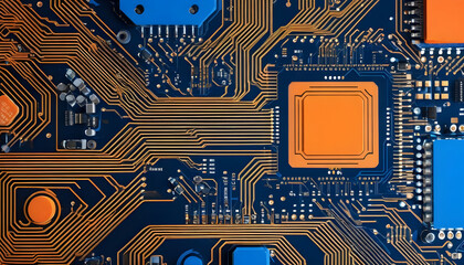 Orange, blue technology background/Orange and blue technology background circuit board and code