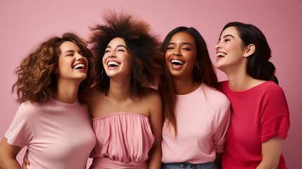Horizontal shot of three optimistic young women of different race smile gladfully keep palms raised laugh out loudly react to something awesome dressed casually isolated over pink - obrazy, fototapety, plakaty