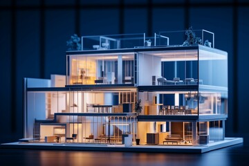 
Modern generic contemporary style miniature section model of residential building with blueprint elevations cad details as wide banner with copyspace area for text - obrazy, fototapety, plakaty