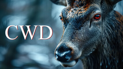 CVD disease, zombie deer with red eyes. Animal suffering from Chronic Wasting Disease in forest - obrazy, fototapety, plakaty