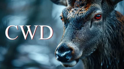 Poster CVD disease, zombie deer with red eyes. Animal suffering from Chronic Wasting Disease in forest © Sergio