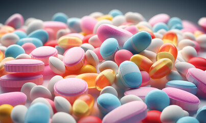Close up of colorful pills on grey background. 3D Rendering.