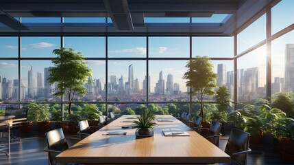 Elegant Office Table with Cityscape Reflections. Streamlined Workspace Bathed in Soft Natural Light