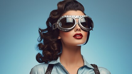 Portrait of beautiful young woman wearing retro aviator goggles on a simple blue background. Vintage fashion, steampunk style. Retro aesthetics, pin-up, 60s vibes. Women's Day - obrazy, fototapety, plakaty