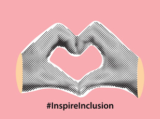 Collage banner with halftone effect woman hands in heart shape.Inspire inclusion.International Women's Day 2024 concept. Feelings and emotions. Vector illustration