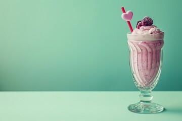 Pink milkshake with whipped cream and cherry on green background. Close-up of a sweet and refreshing drink. Retro aesthetics, 90s style. Valentine's Day