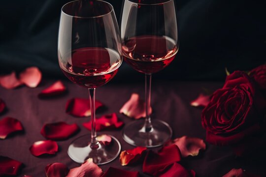 Two glasses of red wine and red rose petals on the black table. Romantic dinner concept. Luxury, elegant and beautiful. Love and passion background. Birthday, wedding celebration or Valentine's Day - Powered by Adobe