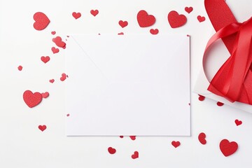 Valentines day party decorations background, Red hearts on white background mockup.