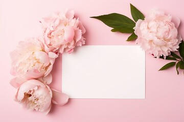 A greetings card with beautiful pink flowers piones on a pink background. Valentines day, wedding or birthday gift card mockup - obrazy, fototapety, plakaty