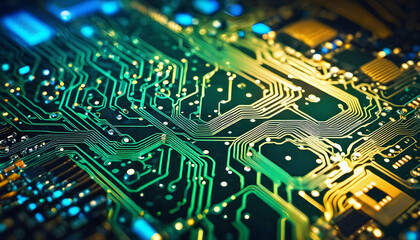 Obraz premium Printed circuit board/Abstract technological background made of different element printed circuit board. Depth of field effect and bokeh can be used as digital dynamic wallpaper