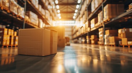 Retail warehouse full of shelves with goods in cartons, with pallets and forklifts. Logistics and transportation blurred background. Product distribution center. - obrazy, fototapety, plakaty