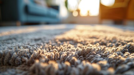 Close-up on soft carpet on blurred background of stylish living room interior - obrazy, fototapety, plakaty