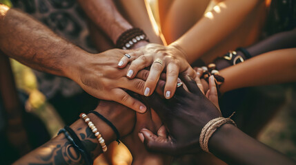 Photo of hands of diverse people unity. No racism and unity of different people concept  - obrazy, fototapety, plakaty