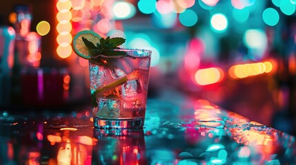 A refreshing cocktail in a glass with ice and decorated with mint on a wooden table in a restaurant or bar. Nightlife background - obrazy, fototapety, plakaty