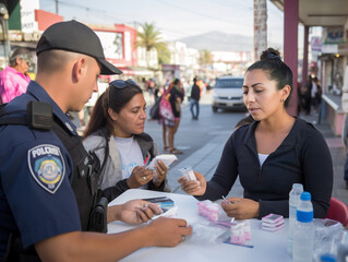 Police officers engage in community outreach, educating public on dangers of drug abuse for awareness.
