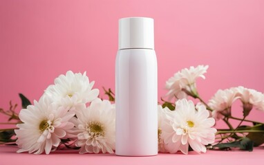 Obraz na płótnie Canvas Fresh feminine beauty concept. White cosmetic bottle mock up on soft pink background with big white flowers. AI Generative.