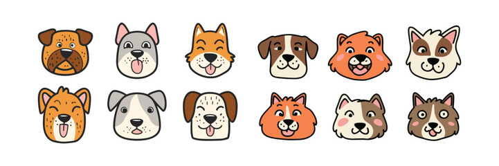 Cute and smiling dog heads doodle vector set. happy dog faces character design of bulldog, lion, wolf with flat color isolated on white background