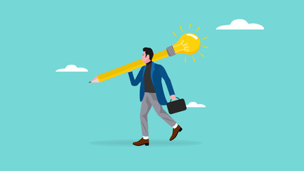 skill or experience, Best Businessman carrying huge shining light bulb combined with graphite pencil illustration. knowledge. creativity or innovation to create business success illustration