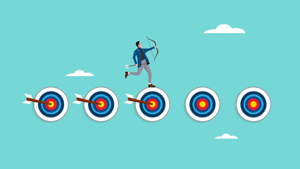 business progress step towards business targets with a strategy plan concept. journey job target action career illustration. businessman running past target board while carrying arrow