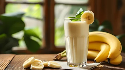 Keuken spatwand met foto Food photography background - Healthy banana smoothie milkshake in glass with bananas on table () © Prasanth