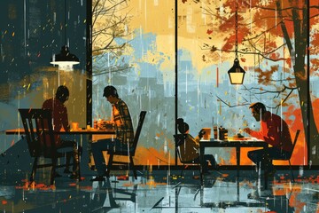 A family playing board games on a rainy day, contemporary digital art with a flat design aesthetic, with bold color contrasts, simplified shapes, and clean lines