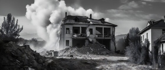 Black and white photo of a house ruined by a rocket.