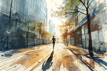 A fitness enthusiast jogging in a city, dynamic sketch style with motion lines and urban background - obrazy, fototapety, plakaty