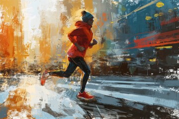 A fitness enthusiast jogging in a city, dynamic sketch style with motion lines and urban background - obrazy, fototapety, plakaty