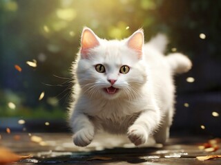 Obraz premium cute white cat running and playing
