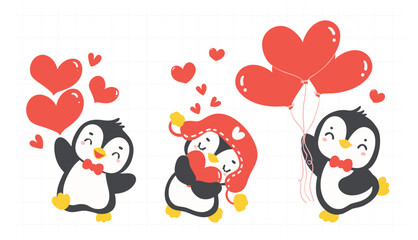 Cute penguins Valentine with heart cartoon drawing  illustration animal banner.