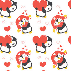 Love pattern seamless with Cute baby penguins Valentine with heart,  animal cartoon drawing illustration.