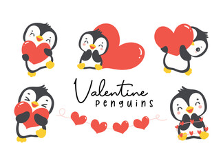 Set of Cute baby penguins Valentine with heart, romantic animal cartoon drawing illustration.