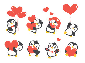Set of Cute baby penguins Valentine with heart, romantic animal cartoon drawing illustration.