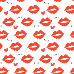 Valentine love pattern seamless with red lips kissing, isolated on white background.