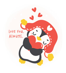 Cute penguins Valentine with heart cartoon drawing, Kawaii love animal character illustration.