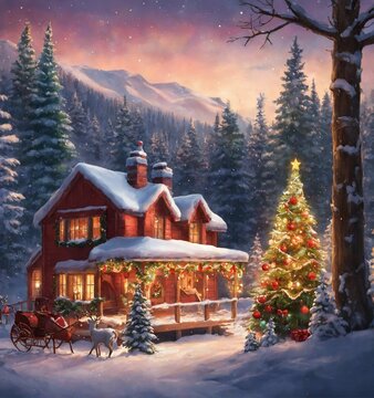 Santa's Workshop: An enchanting image of Santa's busy workshop, filled with cheerful elves crafting toys, wrapping gifts, and preparing for the magical night of gift-giving.