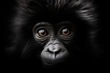 portrait of a baby gorilla looking at the camera on black background