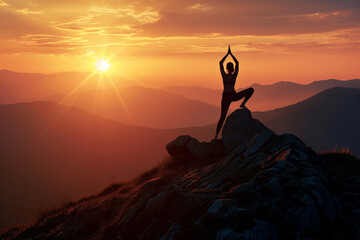 Generative AI, Serene Yoga Silhouette: Woman Practicing on Mountain at Sunset