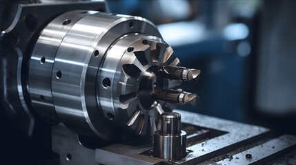 CNC turning drill milling factory processes steel turbine part process. Metal machine tools industry banner. Generation AI - obrazy, fototapety, plakaty
