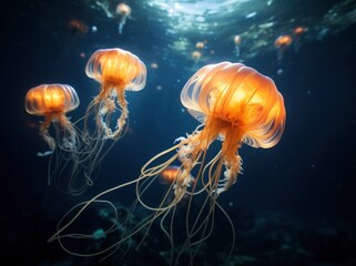 Beautiful transparent jellyfish swimming in the deep sea, black backgrounds
