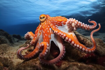 Octopus on the bottom of the sea. Close-up.