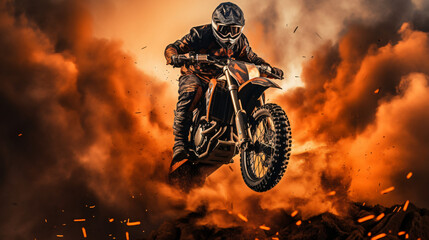 Extreme biker making a stunt and jumps in the air