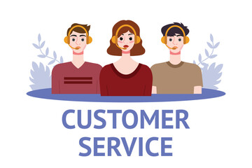 Customer service concept. People with headsets. Vector illustration in flat style